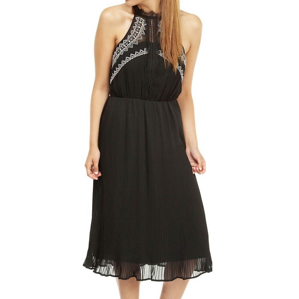 Dex Embroidered Halter Dress with Pleaded Skirt